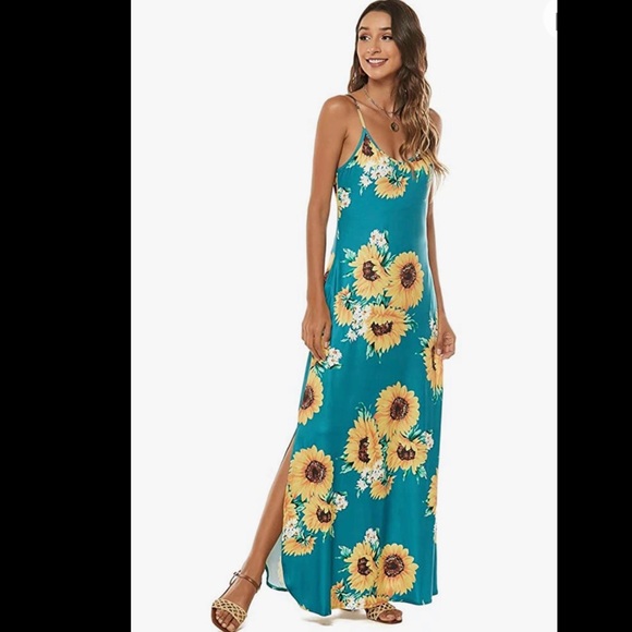 Teal sunflower print maxi dress - Picture 3 of 7